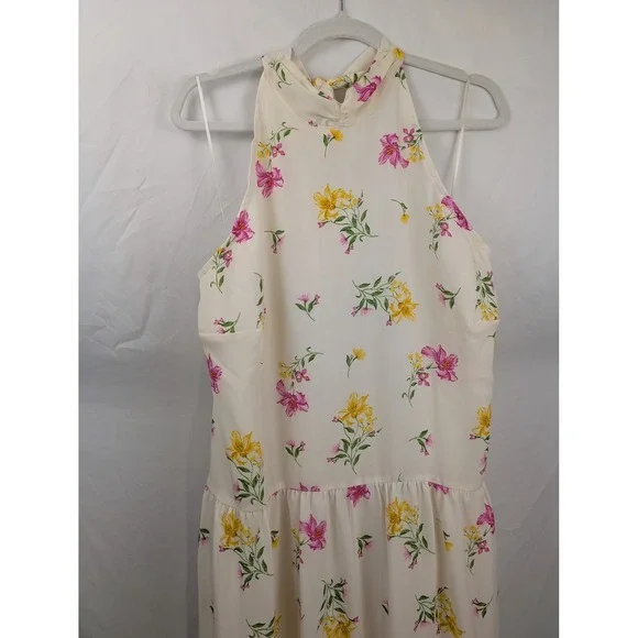 Floral Tiered Halter Maxi Dress Size XXL Pink Cream Pockets Boho Romantic Lined - Picture 3 of 11